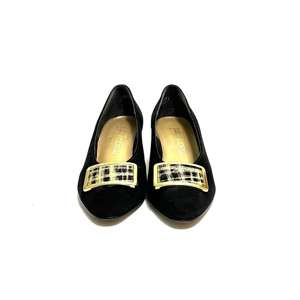 Vintage 1970s black suede oversize buckle gold painted wedge heels